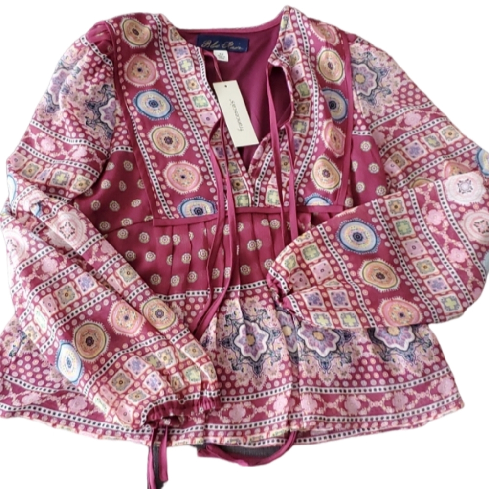NWT Francesca's Collection Burgundy Medallion Hippie Boho Blouse Tunic Top XS